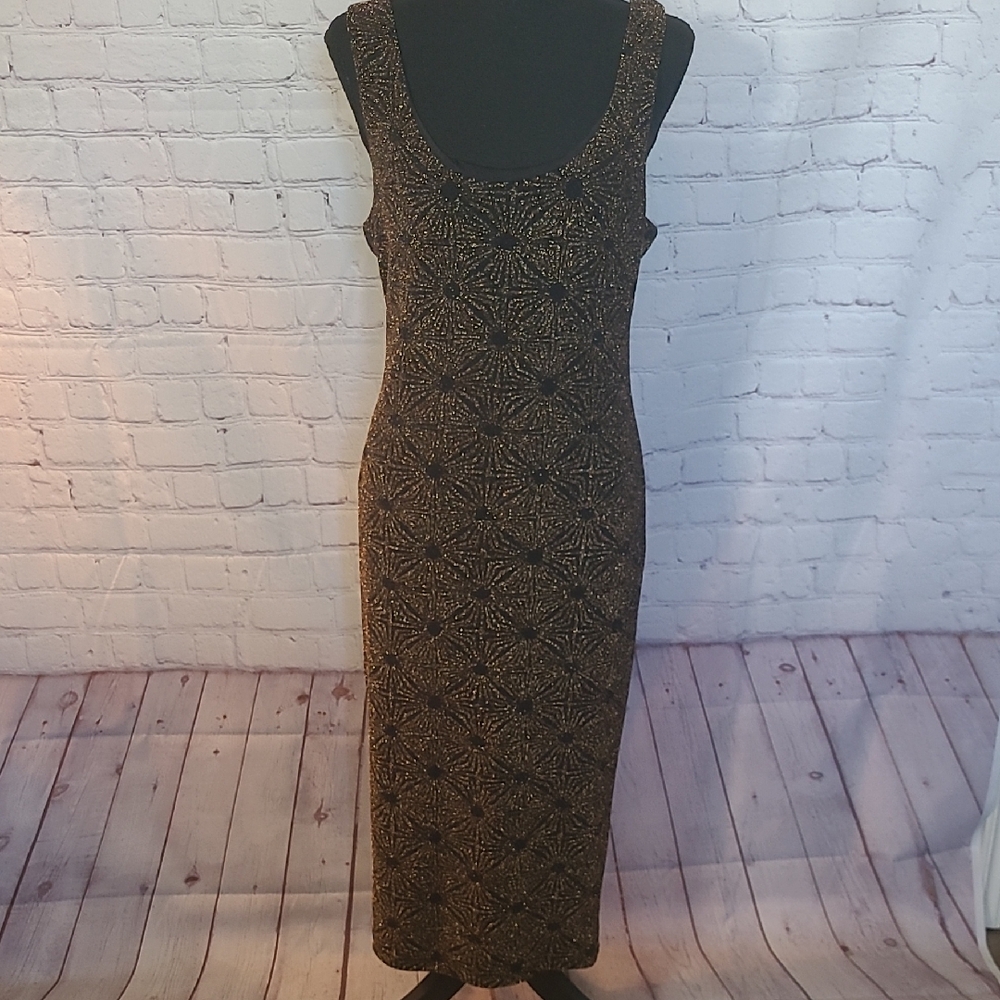 Nordstrom June & Hudson Size Large Black & Gold Sparkle Bodycon Midi Dress